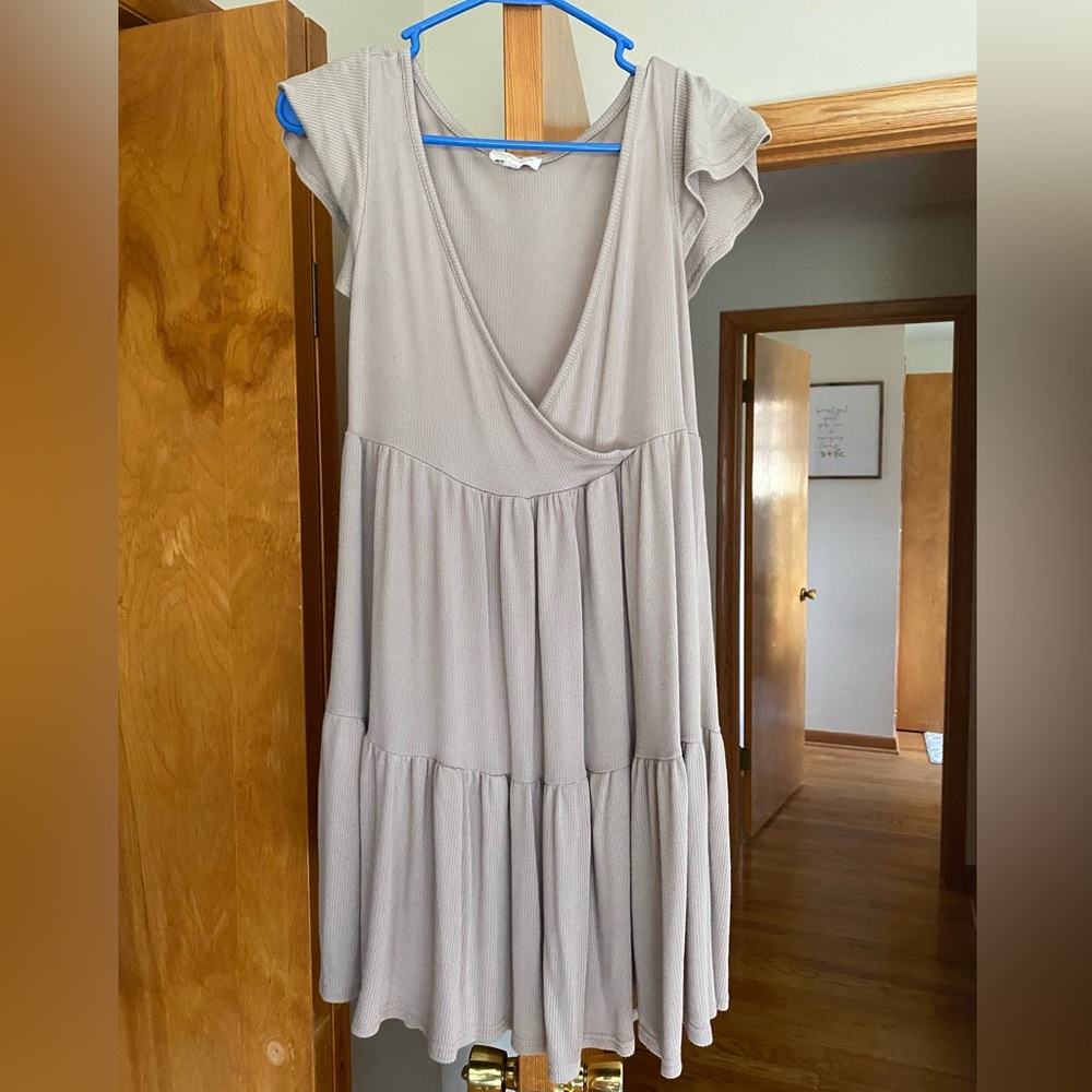 Taupe tiered deep v neck dress